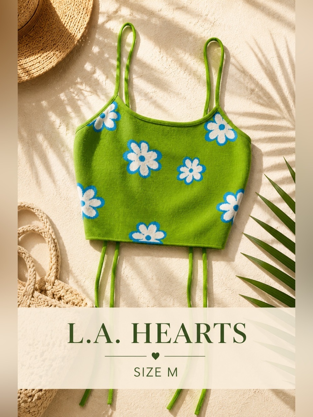 L.A. Hearts Green Daisy Knit Tie Back Crop Tank Size M